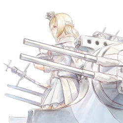 Rule 34 | 10s, 1girl, bare shoulders, blonde hair, blue eyes, braid, cannon, crown, dress, french braid, globus cruciger, hairband, jewelry, kantai collection, long hair, long sleeves, machinery, mini crown, necklace, nogiguchi kohiro, off-shoulder dress, off shoulder, scepter, simple background, solo, standing, turret, warspite (kancolle), white background