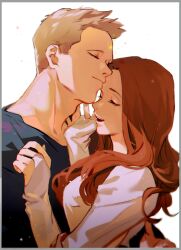Rule 34 | 1boy, 1girl, black shirt, blonde hair, border, breasts, brown hair, closed eyes, closed mouth, couple, grey border, hands up, hetero, highres, long hair, long sleeves, marvel, marvel cinematic universe, medium breasts, open mouth, qin (7833198), shirt, short hair, simple background, smile, standing, teeth, vision (marvel), wanda maximoff, wandavision, white background, white shirt