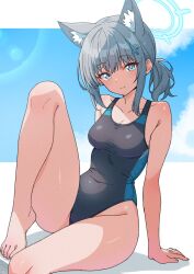 Rule 34 | 1girl, animal ear fluff, animal ears, bare arms, bare legs, bare shoulders, barefoot, black one-piece swimsuit, blue archive, blue eyes, blue halo, blush, breasts, cleavage, closed mouth, collarbone, competition swimsuit, cross hair ornament, extra ears, grey hair, hair ornament, halo, highres, kamidan, looking at viewer, medium breasts, medium hair, official alternate costume, one-piece swimsuit, shiroko (blue archive), shiroko (swimsuit) (blue archive), smile, solo, swimsuit, toes, wolf ears