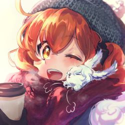 Rule 34 | 1girl, ;d, alternate costume, blurry, blush, breath, closed eyes, creature, cup, depth of field, disposable cup, fate/grand order, fate (series), fou (fate), fujimaru ritsuka (female), galibo, hair ornament, hair scrunchie, hat, looking at viewer, nuzzle, one eye closed, open mouth, orange hair, portrait, red scarf, scarf, scrunchie, shared clothes, shared scarf, side ponytail, simple background, smile, winter clothes, yellow eyes