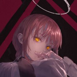 Rule 34 | 1girl, black necktie, braid, braided ponytail, chainsaw man, close-up, collared shirt, fingers to mouth, formal, halo, hand on own chin, looking at viewer, makima (chainsaw man), maronmokaet, necktie, office lady, red hair, ringed eyes, shirt, sidelocks, simple background, smile, solo, suit, white shirt, yellow eyes