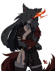 Rule 34 | 1girl, :d, absurdres, animal ears, animal hands, belt, black hair, black panties, black sclera, black thighhighs, claws, colored sclera, commentary, contrapposto, cowboy shot, english commentary, flaming eye, floating hair, hair over one eye, hellhound (monster girl encyclopedia), highres, long hair, monster girl, monster girl encyclopedia, monster girl encyclopedia ii, one eye covered, open mouth, panties, panty straps, red eyes, reddgeist, signature, skindentation, slit pupils, smile, solo, tail, thighhighs, underwear, wolf ears, wolf tail