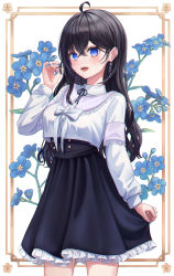 Rule 34 | 1girl, :d, absurdres, ahoge, black hair, black skirt, blue eyes, blue flower, blue nails, breasts, collared shirt, commentary request, commission, dress shirt, earrings, floral background, flower, frilled skirt, frills, funii, hair between eyes, hand up, highres, jewelry, long hair, long sleeves, looking at viewer, medium breasts, nail polish, open mouth, original, pixiv commission, pleated skirt, shirt, skirt, smile, solo, teeth, upper teeth only, very long hair, white background, white shirt