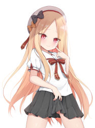 Rule 34 | 1girl, abigail williams (fate), alternate costume, black bow, black skirt, blonde hair, blue eyes, blush, bow, clothes lift, commentary request, fate (series), gluteal fold, hair bow, hat, kamu (geeenius), lifting own clothes, long hair, looking at viewer, orange bow, parted bangs, pleated skirt, red eyes, red ribbon, ribbon, shirt, short sleeves, simple background, skirt, skirt lift, smile, solo, white background, white hat, white shirt