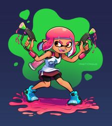 Rule 34 | 1girl, artist name, bare shoulders, bike shorts, black shorts, blue background, blue footwear, blush, commentary, dark-skinned female, dark skin, english commentary, fangs, full body, gun, hands up, highres, holding, holding gun, holding weapon, ink tank (splatoon), inkling, inkling girl, inkling player character, looking to the side, multicolored background, nintendo, open mouth, orange eyes, paint, pink hair, print shirt, shirt, shoes, short hair, short shorts, shorts, sidelocks, sideways glance, sleeveless, sleeveless shirt, smile, sneakers, solo, splat dualies (splatoon), splatoon (series), splatoon 2, standing, teeth, tentacle hair, upper teeth only, v-shaped eyebrows, vinny (dingitydingus), weapon, white shirt