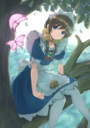 Rule 34 | 1girl, absurdres, arcana heart, blurry, blurry background, branch, brown hair, bug, butterfly, commentary request, fiona mayfield, hair ornament, highres, insect, leaf, looking at viewer, maid headdress, okosan (pixiv), pantyhose, purple eyes, sitting, smile, solo, tree, white pantyhose