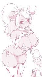 Rule 34 | 1girl, ?, absurdres, animal ears, animal print, bagelbomb, bare shoulders, bell, bikini, black sclera, blush, breasts, cleavage, collar, colored sclera, commentary, cow ears, cow print, cow print bikini, cowbell, demon girl, elbow gloves, english commentary, fake animal ears, fingerless gloves, gloves, highres, horns, large breasts, long hair, navel, neck bell, nose blush, oni, oni horns, original, ponytail, print bikini, skindentation, solo focus, standing, sweat, swimsuit, thighhighs