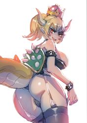 Rule 34 | 1girl, ass, bare shoulders, blonde hair, blue eyes, bow (bhp), bowsette, bracelet, breasts, collar, crown, curvy, dragon tail, garter belt, hip focus, horns, jewelry, large breasts, mario (series), new super mario bros. u deluxe, nintendo, ponytail, spiked bracelet, spiked collar, spikes, super crown, tail, thick thighs, thighhighs, thighs, turtle shell, wide hips