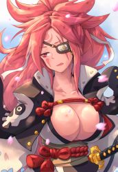 966 amputee baiken breasts cherry_blossoms cleavage eyepatch facial_tattoo guilty_gear guilty_gear_xrd highres japanese_clothes kataginu katana kimono large_breasts long_hair messy_hair obi one-eyed open_clothes open_kimono pink_hair sash scar scar_across_eye scar_on_face sheath solo sword tattoo weapon