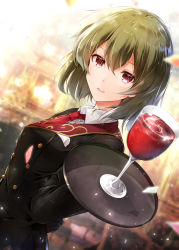 Rule 34 | 1girl, :d, black jacket, blurry, blurry background, cup, drinking glass, dutch angle, green hair, hair between eyes, holding, holding plate, idolmaster, idolmaster million live!, jacket, long sleeves, looking at viewer, nagayoshi subaru, necktie, open mouth, plate, red eyes, red necktie, ro risu, short hair, smile, solo, upper body, wine glass