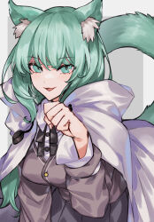 Rule 34 | 1girl, :d, animal ear fluff, animal ears, arknights, brothercoral, cape, cardigan, cat ears, cat tail, commentary request, green eyes, green hair, grey cardigan, grey skirt, hand up, harmonie (arknights), highres, long hair, long sleeves, looking at viewer, open mouth, pleated skirt, skirt, smile, solo, tail, upper body, very long hair, white cape