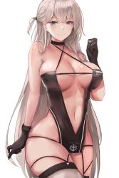 Rule 34 | 1girl, absurdres, azur lane, bare arms, bare shoulders, black choker, black gloves, blue eyes, breasts, choker, cleavage, cowboy shot, criss-cross halter, gloves, halterneck, hand up, highleg, highres, large breasts, liaowen, long hair, looking at viewer, mole, mole under eye, navel, official alternate costume, one side up, race queen, revealing clothes, shoukaku (azur lane), shoukaku (sororal wings) (azur lane), silver hair, simple background, skindentation, smile, solo, spaghetti strap, stomach, thighhighs, thighs, very long hair, white background, wide hips