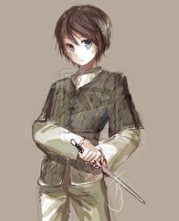 Rule 34 | 1girl, a song of ice and fire, arya stark, blue eyes, brown hair, female focus, nacura-g, reverse trap, short hair, solo, sword, weapon