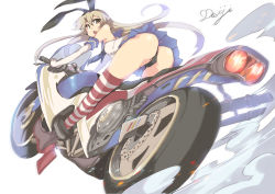 Rule 34 | 10s, 1girl, armadillo-tokage, ass, black panties, blonde hair, commentary request, elbow gloves, gloves, hairband, highres, kantai collection, long hair, looking back, motor vehicle, motorcycle, open mouth, panties, shimakaze (kancolle), skirt, solo, striped clothes, striped thighhighs, thighhighs, thong, underwear, vehicle, very long hair, white gloves