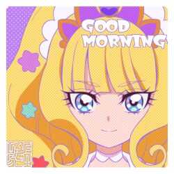 Rule 34 | blonde hair, blue eyes, blunt bangs, commentary, cure finale, delicious party precure, good morning, kamikita futago, kasai amane, looking at viewer, magical girl, official art, precure, sidelocks, smile, solo, tiara, wide ponytail