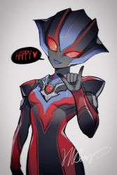 Rule 34 | 1girl, \m/, alien, animification, artist name, blue tongue, breasts, colored tongue, dark persona, fangs, grey background, highres, hkkmr, red eyes, science fiction, small breasts, smile, solo, tokusatsu, tongue, tongue out, ultra series, ultraman r/b, ultrawoman grigio, ultrawoman grigio darkness, upper body