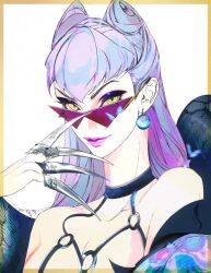 Rule 34 | 1girl, border, breasts, cleavage, closed mouth, collarbone, earrings, evelynn (league of legends), eyeshadow, gradient hair, grey hair, highres, jewelry, jian tai (cuoyu0), k/da (league of legends), k/da all out evelynn, league of legends, lipstick, long hair, looking at viewer, makeup, medium breasts, multicolored hair, orange border, pink lips, purple hair, signature, simple background, solo, sunglasses, two-tone hair, upper body, white background, yellow eyes