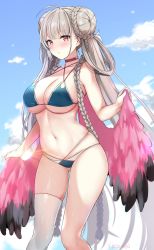 Rule 34 | 1girl, ahoge, artist name, azur lane, bikini, blue bikini, blush, braid, breasts, choker, cleavage, day, double bun, feathers, formidable (azur lane), formidable (the lady of the beach) (azur lane), gluteal fold, hair bun, highres, kaetzchen, large breasts, long hair, looking at viewer, navel, official alternate costume, outdoors, pink choker, red eyes, ribbon, sidelocks, single thighhigh, skindentation, solo, stomach, sunlight, swimsuit, thighhighs, thighs, twin braids, very long hair