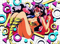 Rule 34 | 1990s (style), 1girl, animal print, bikini, blue eyes, boots, breasts, cleavage, collarbone, floating, hair behind ear, highres, horns, lightning bolt symbol, lum, medium breasts, open mouth, pointing, pointing up, pointy ears, potiri02, purple hair, retro artstyle, smile, solo, swimsuit, thigh boots, thighhighs, tiger print, urusei yatsura