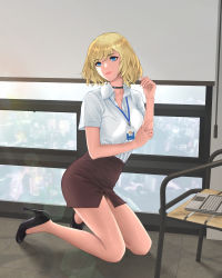Rule 34 | 1girl, anmochi one, bad id, bad pixiv id, bare legs, black choker, black footwear, blonde hair, blue eyes, breasts, brown skirt, chair, choker, closed mouth, collarbone, collared shirt, computer, formal, high heels, highres, id card, indoors, kneeling, korean commentary, laptop, lips, medium hair, office, office lady, open clothes, open shirt, original, pencil skirt, shirt, short sleeves, skirt, solo, thighs, white shirt