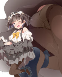 Rule 34 | 1girl, ass, bare shoulders, black hair, black pantyhose, black skirt, blunt bangs, blush, brown eyes, choker, clothes lift, commentary request, frilled skirt, frills, from below, gloves, hakari kanna, highres, kanna channel, lifted by self, looking at viewer, maid headdress, mtu (orewamuzituda), multiple views, one eye closed, open mouth, panties, panties under pantyhose, pantyhose, pantyshot, puffy sleeves, short hair, short twintails, simple background, skirt, skirt hold, skirt lift, smile, standing, suspenders, twintails, underwear, upskirt, virtual youtuber, white background, white gloves, white panties
