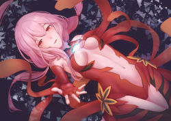 Rule 34 | 1girl, bare shoulders, black thighhighs, blush, breasts, center opening, cleavage, detached sleeves, dudunia, elbow gloves, fingerless gloves, gloves, guilty crown, hair ornament, hairclip, highres, long hair, medium breasts, navel, open mouth, pink hair, red eyes, smile, solo, tearing up, tears, thighhighs, twintails, yuzuriha inori