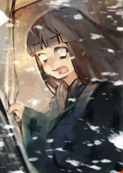 Rule 34 | 10s, 1girl, aika warazu, black hair, blank eyes, blunt bangs, dutch angle, empty eyes, gradient background, hatsuyuki (kancolle), hime cut, kantai collection, long hair, open mouth, snow, snowing, solo