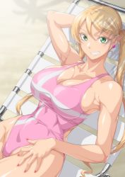 Rule 34 | 1girl, arm behind head, arm up, armpits, bare shoulders, beach, beach chair, blonde hair, breasts, cleavage, clothing cutout, collarbone, commentary request, commission, competition swimsuit, covered navel, cowboy shot, day, earrings, eyebrows hidden by hair, green eyes, grin, groin, gundam, gundam tekketsu no orphans, hair between eyes, heart, heart earrings, highres, jewelry, lafter frankland, large breasts, long hair, looking at viewer, nail polish, one-piece swimsuit, ozaneko, pink nails, pink one-piece swimsuit, shadow, side cutout, single sidelock, sitting, skeb commission, smile, solo, swimsuit, taut clothes, taut swimsuit, teeth, tree shade, twintails