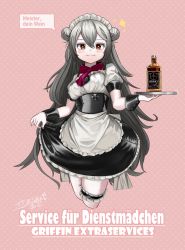 Rule 34 | 1girl, absurdres, alcohol, alternate costume, apron, black dress, borrowed clothes, bottle, bridal garter, brown eyes, double bun, dress, enmaided, frilled dress, frills, g11 (girls&#039; frontline), german text, girls&#039; frontline, grey hair, hair between eyes, hair bun, highres, holding, holding tray, long hair, maid, maid apron, maid headdress, puffy short sleeves, puffy sleeves, short dress, short sleeves, solo, speech bubble, tray, waist apron, whiskey, white apron, wrist cuffs, xinggong shili
