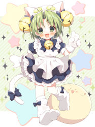 Rule 34 | 1girl, :d, animal ears, animal hat, apron, bell, black bow, black dress, blush, bow, cat ears, cat hat, cat tail, commentary request, dejiko, di gi charat, diagonal stripes, dress, fake animal ears, frilled apron, frilled dress, frills, full body, gema, green eyes, green hair, hair bell, hair ornament, hat, jingle bell, kneehighs, looking at viewer, maid apron, maid headdress, mauve, mittens, no shoes, open mouth, parted bangs, puffy short sleeves, puffy sleeves, short sleeves, smile, socks, solo, sparkle, star (symbol), striped, striped background, tail, tail bow, tail ornament, white apron, white mittens, white socks