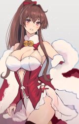 1girl bare_shoulders bell bird blush bow breasts brown_hair cleavage commentary_request cosplay detached_sleeves dress fur_trim grey_background hair_between_eyes hair_bow highres johnston_(christmas_mode)_(kancolle) johnston_(kancolle) johnston_(kancolle)_(cosplay) kantai_collection kasumi_(skchkko) large_breasts long_hair neck_bell ponytail red_bow red_dress red_eyes sidelocks simple_background solo very_long_hair yamato_(kancolle)