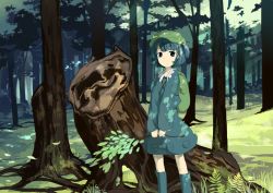 Rule 34 | 1girl, backpack, bag, blue eyes, blue footwear, blue hair, blue skirt, boots, branch, cabbie hat, dappled sunlight, day, expressionless, forest, grass, green hat, hat, holding, holding branch, jewelry, kawashiro nitori, key, key necklace, light rays, matching hair/eyes, moss, nature, necklace, rubber boots, scenery, short hair, skirt, solo, sunlight, touhou, tree stump, two side up, uwa