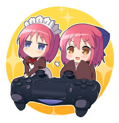 Rule 34 | 2girls, absurdres, apron, blue bow, blue eyes, blush, bow, bowtie, brown dress, brown eyes, brown kimono, chibi, closed mouth, controller, dress, dualshock, game controller, gamepad, hair between eyes, hair bow, half updo, highres, hisui (tsukihime), itsuka neru, japanese clothes, juliet sleeves, kimono, kohaku (tsukihime), long sleeves, maid, maid apron, maid headdress, mini person, minigirl, mixed maids, multiple girls, open mouth, playstation controller, puffy sleeves, red bow, red hair, red neckwear, short hair, siblings, sidelocks, sisters, sleeves past fingers, sleeves past wrists, smile, tsukihime, tsukihime (remake), twins, wa maid, white apron, wide sleeves