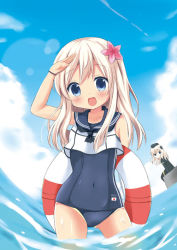 Rule 34 | 10s, 2girls, blonde hair, blue eyes, chutney, crop top, cropped jacket, dual persona, fish, flower, garrison cap, gradient background, hair flower, hair ornament, hat, kantai collection, lifebuoy, long hair, military, military uniform, multiple girls, one-piece swimsuit, one-piece tan, puffy sleeves, ro-500 (kancolle), sailor collar, school swimsuit, swim ring, swimsuit, swimsuit under clothes, tan, tanline, u-511 (kancolle), underwater, uniform