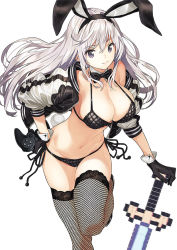 Rule 34 | 1girl, animal ears, bare shoulders, black bow, black bowtie, black bra, black footwear, black gloves, black panties, black ribbon, bow, bowtie, bra, breasts, cleavage, closed mouth, controller, detached collar, dualshock, fake animal ears, fishnet thighhighs, fishnets, game controller, gamepad, gloves, hair between eyes, hairband, hand on own hip, jacket, large breasts, leaning forward, leg up, long hair, long sleeves, looking at viewer, navel, open clothes, open jacket, original, panties, photoshop (medium), playstation controller, purple eyes, rabbit ears, rabbit tail, ribbon, saitou masatsugu, shoes, side-tie panties, sidelocks, simple background, skytube, sleeves pushed up, smile, solo, stomach, sword, tail, thighhighs, underwear, underwear only, unzipped, usada yuu, wavy hair, weapon, white background, white hair, zipper