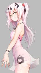 Rule 34 | 1girl, bad id, bad pixiv id, breasts, dress, hair ornament, logo, looking at viewer, original, pink dress, pink hair, see-through, side ponytail, sideways glance, simple background, skull print, small breasts, smile, solo, waero, yellow eyes