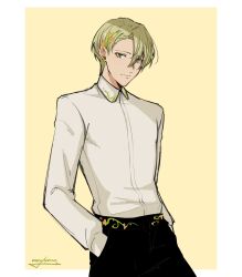 Rule 34 | 1boy, alfred (fire emblem), black pants, blonde hair, fire emblem, fire emblem engage, green eyes, hands in pockets, highres, looking at viewer, male focus, merylemons, nintendo, pants, shirt, solo, white shirt, yellow background