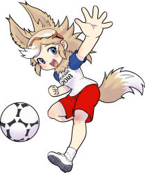 Rule 34 | 10s, 1girl, 2018 fifa world cup, :d, animal ears, ball, blue eyes, clothes writing, dog ears, dog tail, full body, goggles, goggles on head, hand up, kemono friends, looking at viewer, mascot, open mouth, raglan sleeves, red shorts, roonhee, round teeth, shoes, short sleeves, shorts, smile, soccer, soccer ball, soccer uniform, socks, solo, sportswear, standing, standing on one leg, tail, teeth, white socks, world cup, zabivaka
