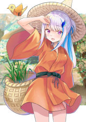 Rule 34 | 1girl, :d, absurdres, arm up, basket, bird, blue hair, blush, breasts, commentary request, cowboy shot, grass, hair ornament, hairclip, highres, japanese clothes, kimono, lize helesta, long hair, medium breasts, multicolored hair, nijisanji, open mouth, orange kimono, outdoors, purple eyes, red ribbon, rgrey00, ribbon, rice planting, short sleeves, smile, solo, tensui no sakuna-hime, two-tone hair, virtual youtuber, wide sleeves