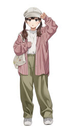 Rule 34 | 1girl, :o, bag, blush, brown eyes, brown hair, cabbie hat, full body, green pants, grey footwear, hat, jacket, long hair, long sleeves, looking at viewer, mattaku mousuke, open clothes, open jacket, original, pants, parted lips, puffy long sleeves, puffy sleeves, shirt, shoes, simple background, sleeves past wrists, solo, standing, striped clothes, striped jacket, thick eyebrows, twintails, twitter username, vertical-striped clothes, vertical-striped jacket, watermark, white background, white hat, white shirt