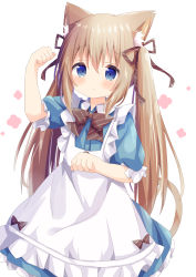 Rule 34 | 1girl, absurdres, animal ears, apron, arm up, blue dress, blue eyes, blush, bow, brown bow, brown ribbon, cat ears, cat girl, cat tail, closed mouth, collared dress, commentary request, diagonal stripes, dress, frilled apron, frilled dress, frills, hair between eyes, hair ribbon, hand up, highres, light brown hair, long hair, maid apron, nakkar, original, puffy short sleeves, puffy sleeves, ribbon, short sleeves, sidelocks, simple background, solo, striped bow, striped ribbon, tail, twintails, very long hair, white apron, white background