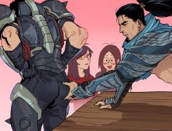 Rule 34 | 2boys, 2girls, adam22&#039;s ass grab (meme), armor, armored boots, ass grab, back, bara, black gloves, black hair, black pants, blush, boots, darius (league of legends), facial hair, glasses, gloves, hand on another&#039;s ass, highres, league of legends, long hair, looking at another, male focus, meme, multiple boys, multiple girls, muscular, muscular male, nipples, pants, ponytail, scar, scar on face, scar on nose, short hair, shoulder armor, shoulder spikes, spikes, susan kim, yasuo (league of legends)