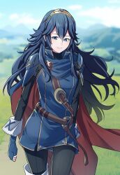 Rule 34 | 1girl, ameno (a meno0), armor, black sweater, blue cape, blue eyes, blue gloves, blue hair, blue sky, blush, cape, closed mouth, cloud, commentary request, fingerless gloves, fire emblem, fire emblem awakening, floating hair, gloves, grass, hair between eyes, long hair, long sleeves, looking at viewer, lucina (fire emblem), nintendo, outdoors, pauldrons, red cape, ribbed sweater, shoulder armor, sky, smile, solo, sweater, tiara, turtleneck, turtleneck sweater, two-tone cape