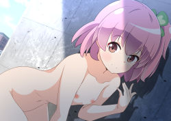 Rule 34 | 1girl, assault lily, blue sky, building, collarbone, day, flat chest, hair ornament, hand up, highres, hitotsuyanagi riri, inverted nipples, looking at viewer, medium hair, navel, nude, outdoors, pink hair, public indecency, shadow, sky, smile, solo