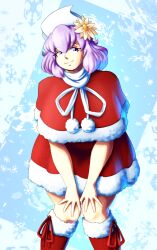 Rule 34 | 1girl, boots, christmas, dress, flower, flower on head, hands on own knees, knees together feet apart, leaning forward, letty whiterock, medium hair, pom pom (clothes), purple eyes, purple hair, red dress, red footwear, santa boots, santa costume, simple background, smile, snowflakes, spookoarts, standing, touhou, white headwear