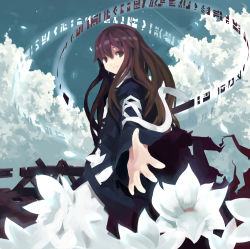 Rule 34 | 1girl, beckoning, brown hair, cloud, dress, fake text, female focus, flower, fuukadia (narcolepsy), gradient hair, hijiri byakuren, long hair, lotus, magic, multicolored hair, outstretched arm, outstretched hand, purple hair, scroll, sky, smile, solo, sorcerer&#039;s sutra scroll, touhou