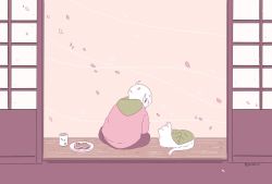 Rule 34 | 1girl, cat, flat color, from behind, leaf, limited palette, long sleeves, original, petals, plate, profile, sitting, smile, solo, twitter username, white cat, white hair, yonoko k