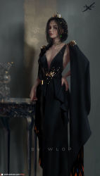 Rule 34 | 1girl, black dress, black hair, blue eyes, breasts, chain, choker, collarbone, dress, ghostblade, gold chain, hand on own hip, head chain, highres, jewelry, lips, long hair, looking at viewer, making-of available, medium breasts, patreon username, princess aeolian, solo, standing, table, watermark, web address, wlop