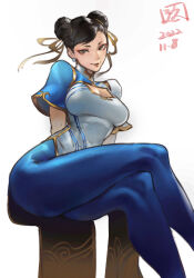 Rule 34 | 1girl, absurdres, blue pants, breasts, brown eyes, brown hair, capcom, china dress, chinese clothes, chun-li, cleavage cutout, clothing cutout, commentary, crossed legs, double bun, dress, earrings, gold trim, hair bun, head tilt, highres, jewelry, juaag acgy, lips, looking at viewer, makeup, medium breasts, pants, revision, short sleeves, signature, sitting, skin tight, smile, solo, street fighter, street fighter 6, turtleneck, white background