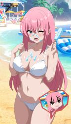 1girl ;o absurdres artist_logo beach beach_umbrella bikini blue_eyes bocchi_the_rock! breasts cube_hair_ornament day food food_on_body food_on_breasts food_on_face gotoh_hitori hair_ornament highres holding holding_food holding_popsicle indexryo large_breasts logo long_hair navel one_eye_closed open_mouth outdoors pink_hair popsicle side_ahoge spoken_character stomach suggestive_fluid swimsuit umbrella very_long_hair white_bikini